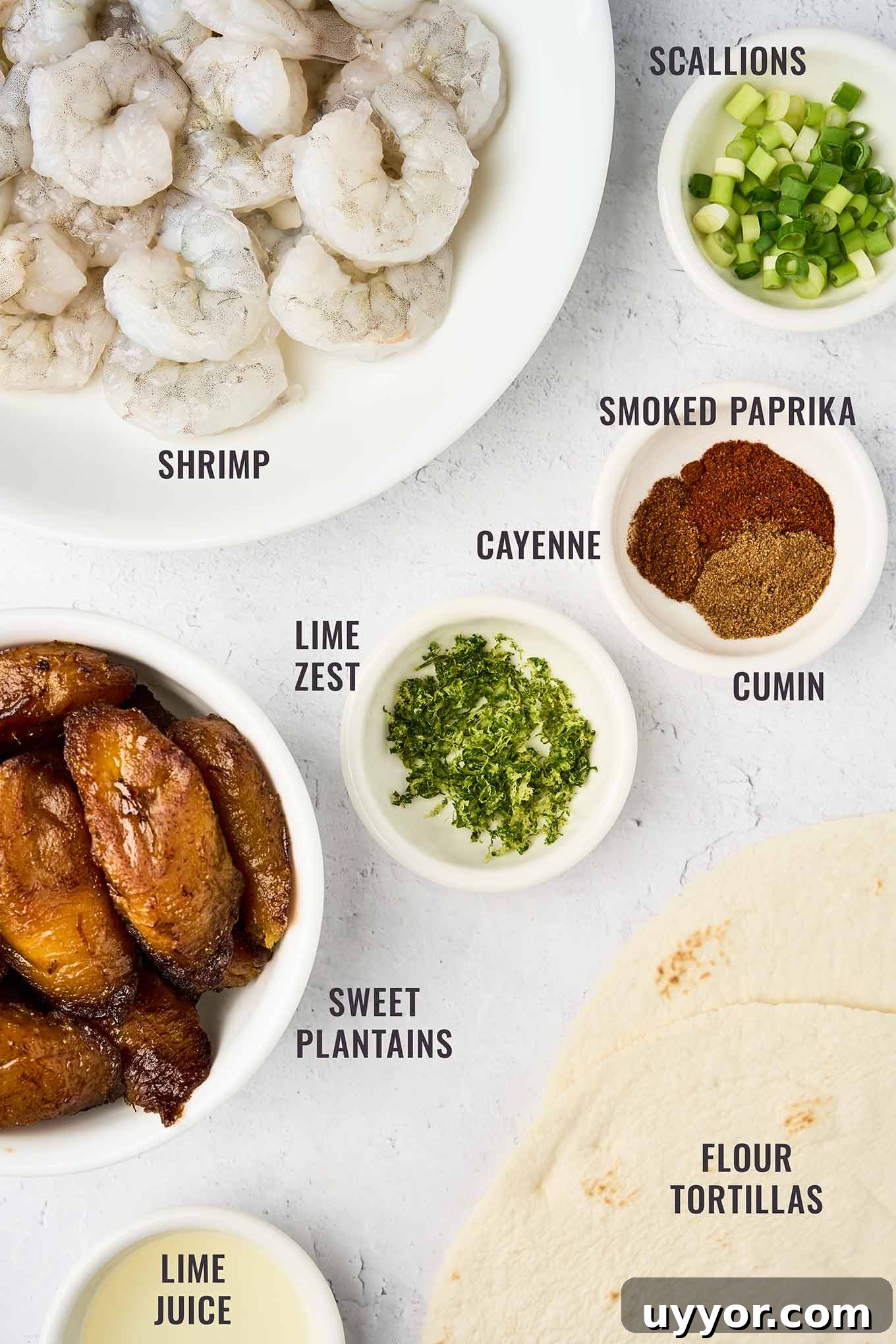Spicy Shrimp Tacos with Caramelized Sweet Plantains 3 A labeled, overhead view of the ingredients for spicy shrimp tacos with sweet plantains and tropical slaw, including shrimp, scallions, lime zest and juice, sweet plantains, flour tortillas, and assorted spices.