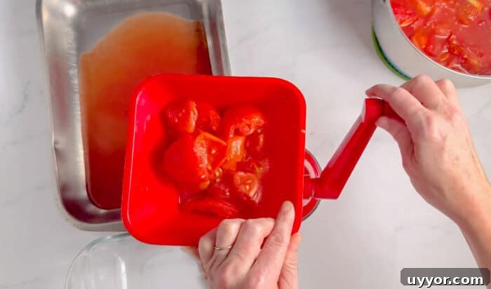 straining tomatoes through a fruit strainer