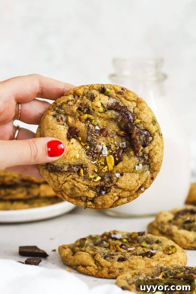 Gluten-Free Levain-Style Chocolate Chip Cookies 12 hand holding a gluten-free brown butter chocolate chunk pistachio cookie