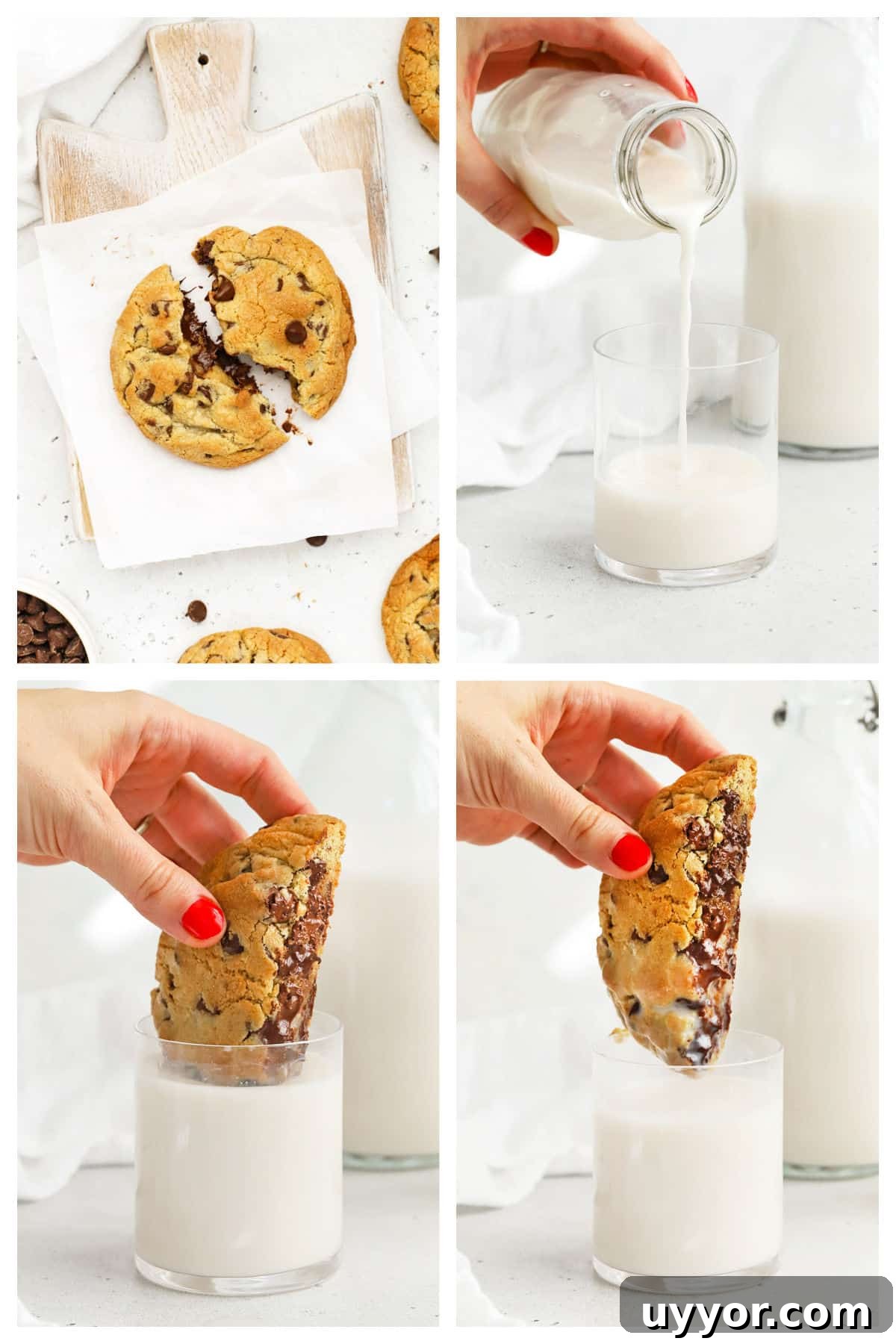 Gluten-Free Levain-Style Chocolate Chip Cookies 7 breaking a gluten-free levain cookie in half and dipping in a cup of milk