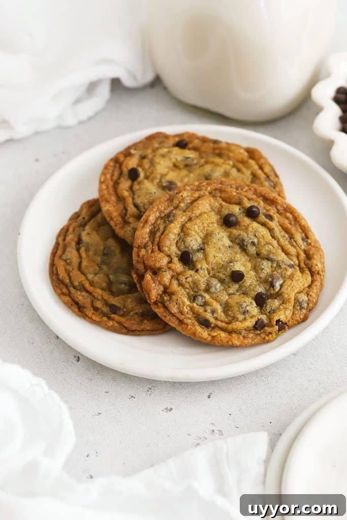 Gluten-Free Levain-Style Chocolate Chip Cookies 9 Three crisp gluten-free chocolate chip cookies on a white plate