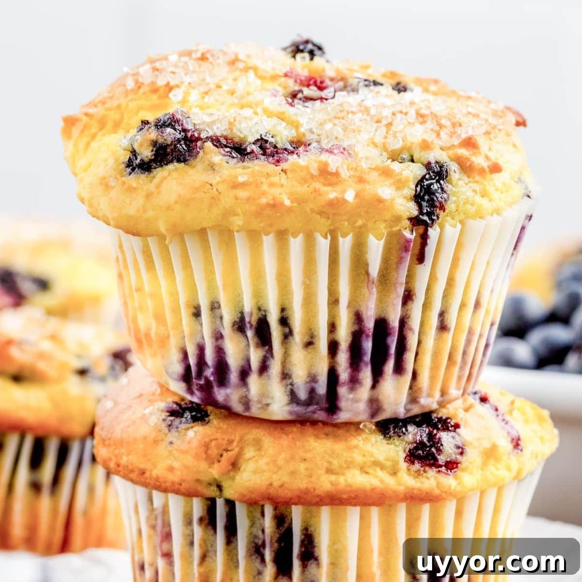 Blueberry Muffins from Cake Mix: Quick Homemade Recipe 10 Stacked blueberry muffins with cake mix showing moist texture and sparkling sugar topping.