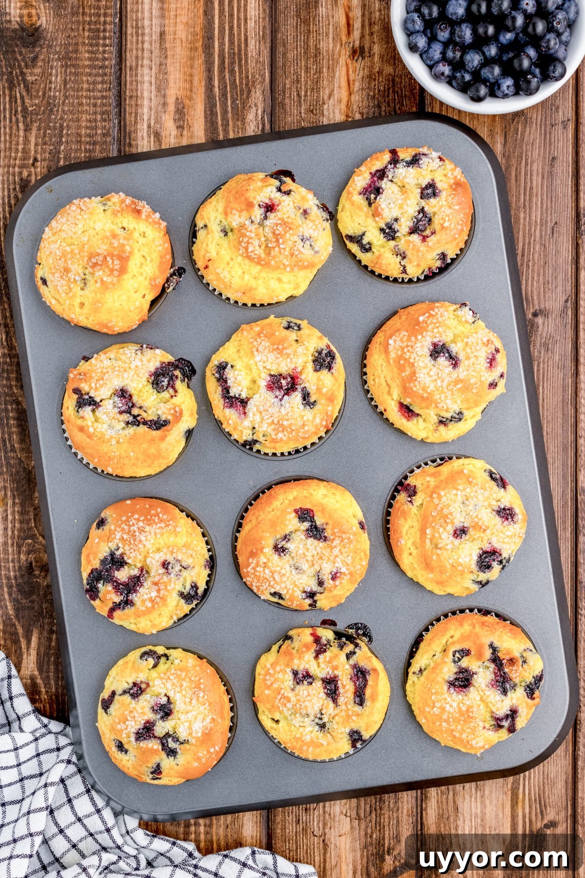 Blueberry Muffins from Cake Mix: Quick Homemade Recipe 7 Freshly baked lemon-blueberry muffins cooling on a wire rack, with a golden-brown top and sparkling sugar glisten.