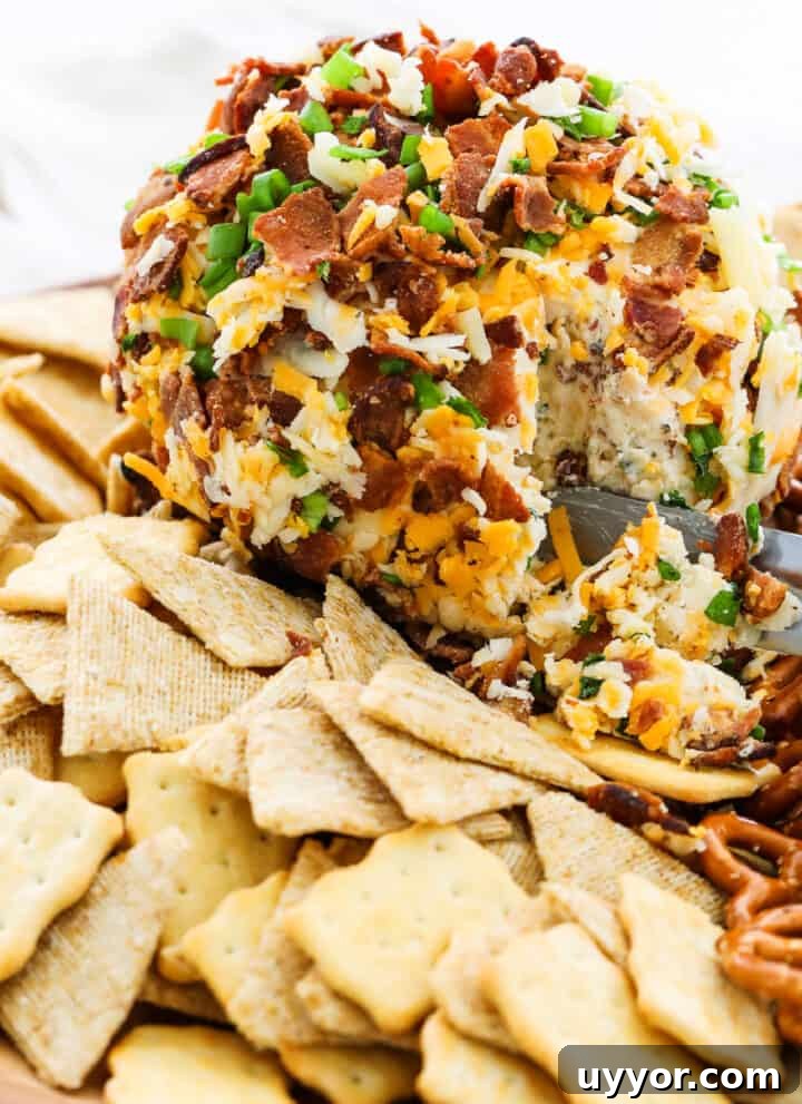A round bacon cheese ball topped with bacon, cheddar cheese, and surrounded by crackers and pita chips for an easy appetizer.
