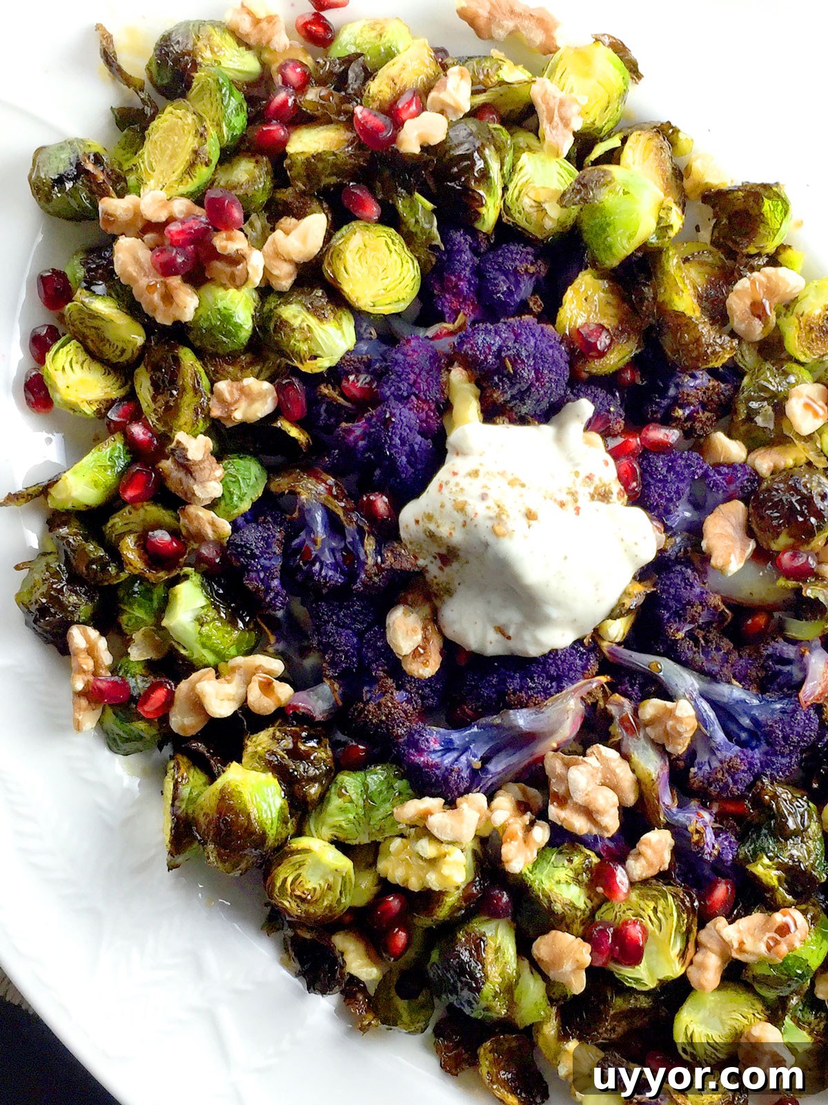 Crispy Roasted Brussels Sprouts with Pomegranate Molasses Glaze 2 Brussels and cauliflower on a white plate with a yogurt sauce in the center.