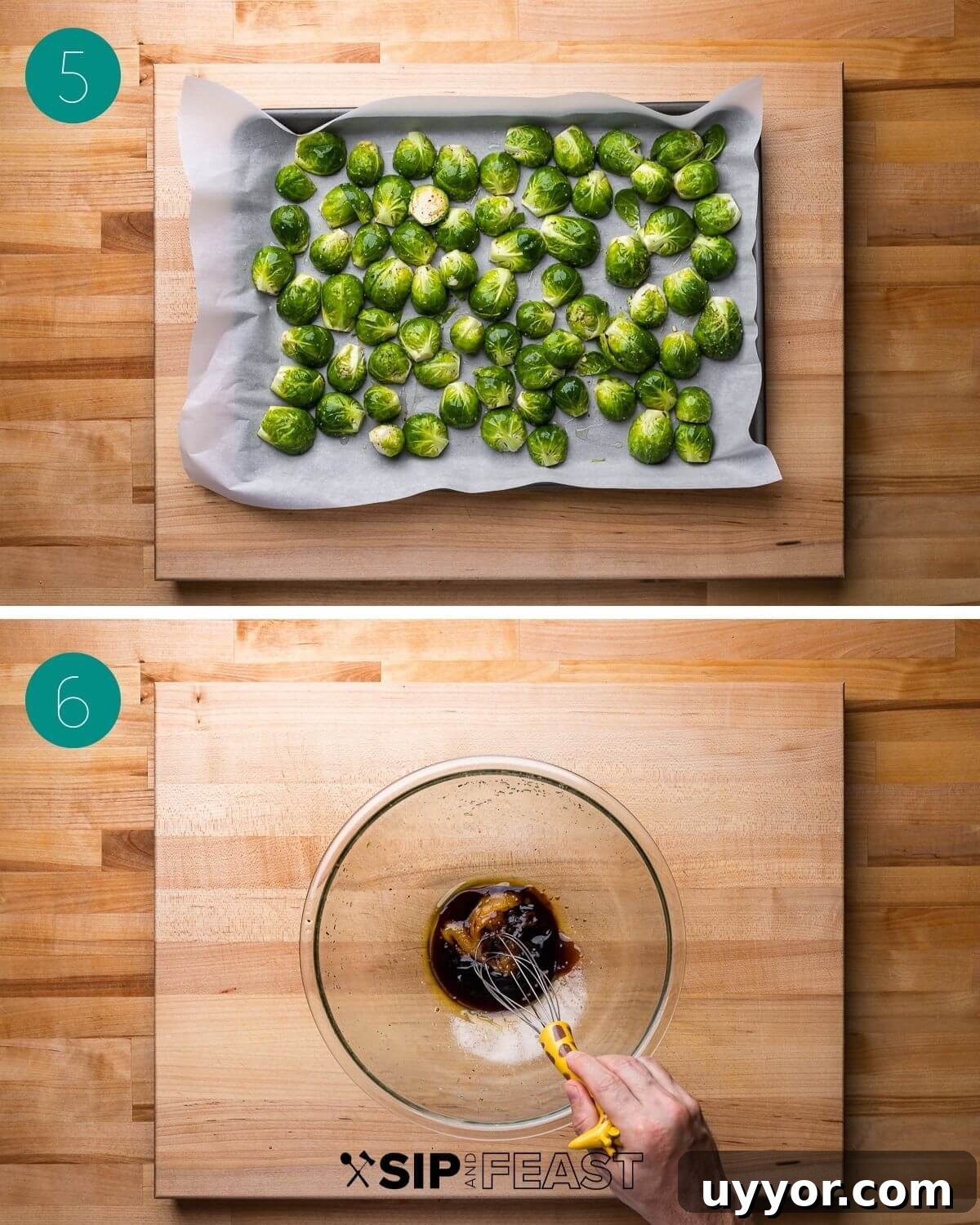 Recipe process collage showing trimming, seasoning and glazing brussels sprouts.