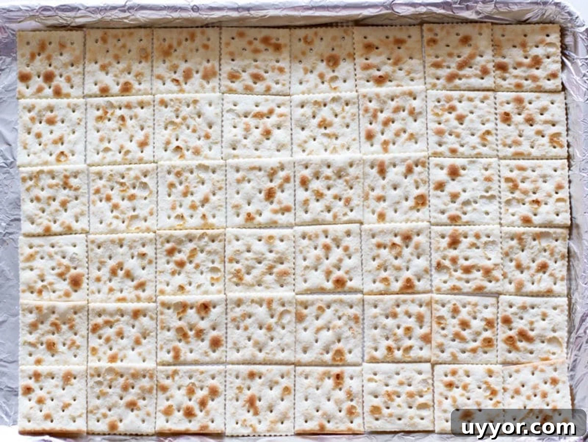Halloween Crack Candy Recipe: Sweet & Crunchy Toffee Treat 6 Cookie sheet lined with aluminum foil topped with saltine crackers.