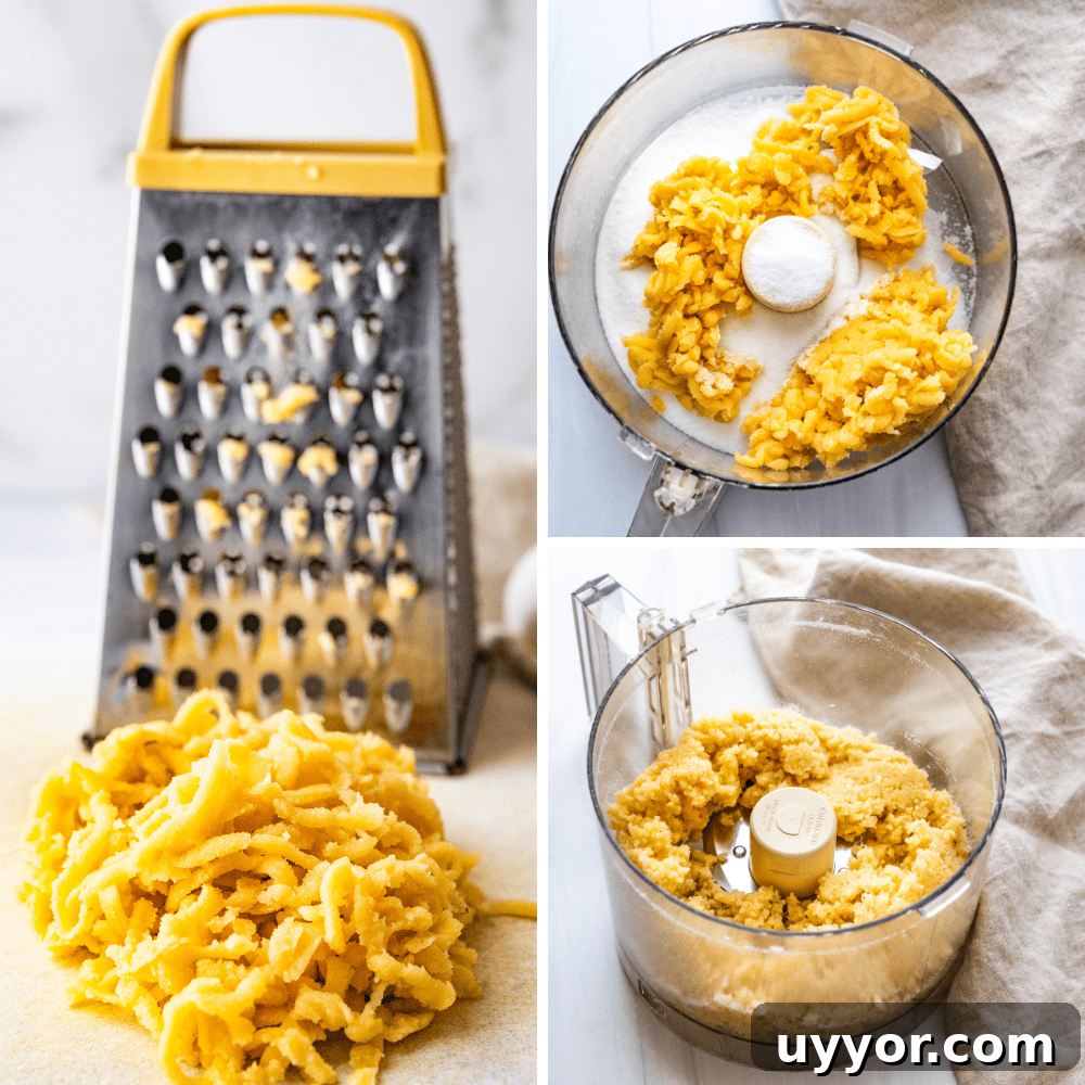 Chewy Ricciarelli: Traditional Italian Almond Cookies 3 shredding almond paste on a box grater and combining it with sugar in a food processor.