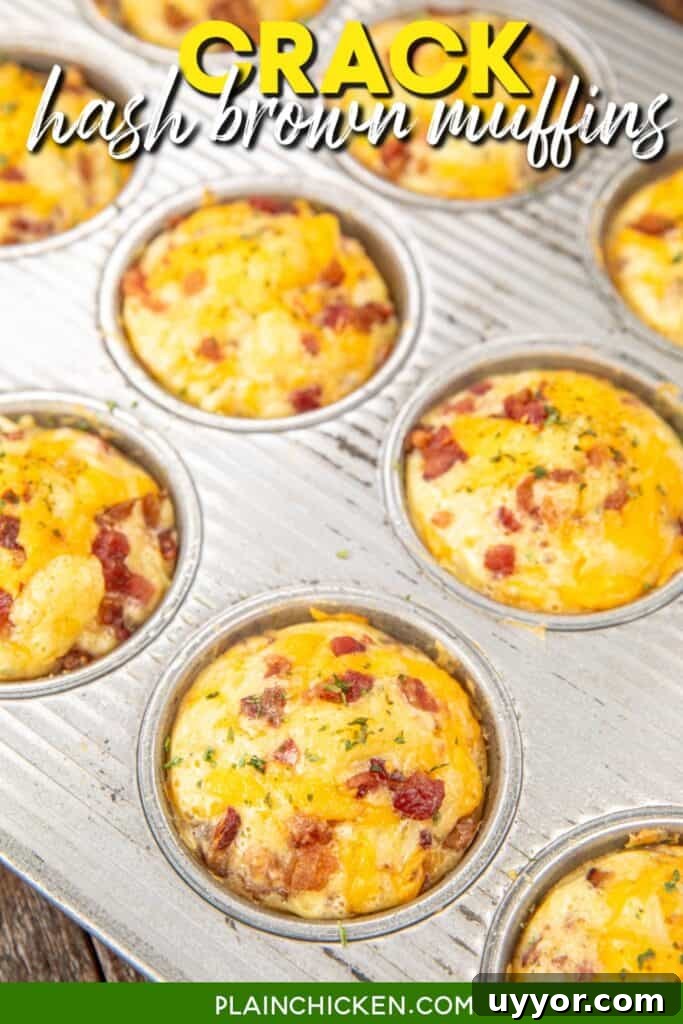 crack hash brown breakfast muffins in a muffin pan with text overlay