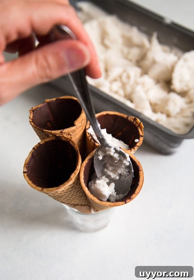 fill chocolate lined sugar cones with homemade coconut ice cream.