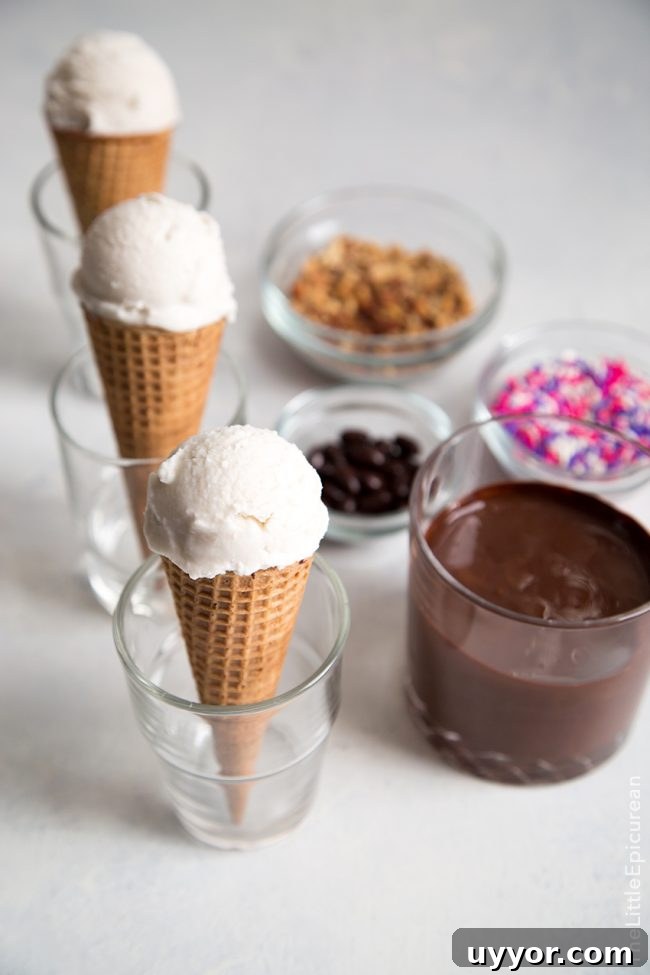 get coconut ice cream cones ready for melted chocolate dip.