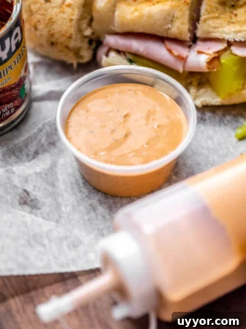 subways southwest chipotle sauce in a container and squeezable bottle by a sandwich