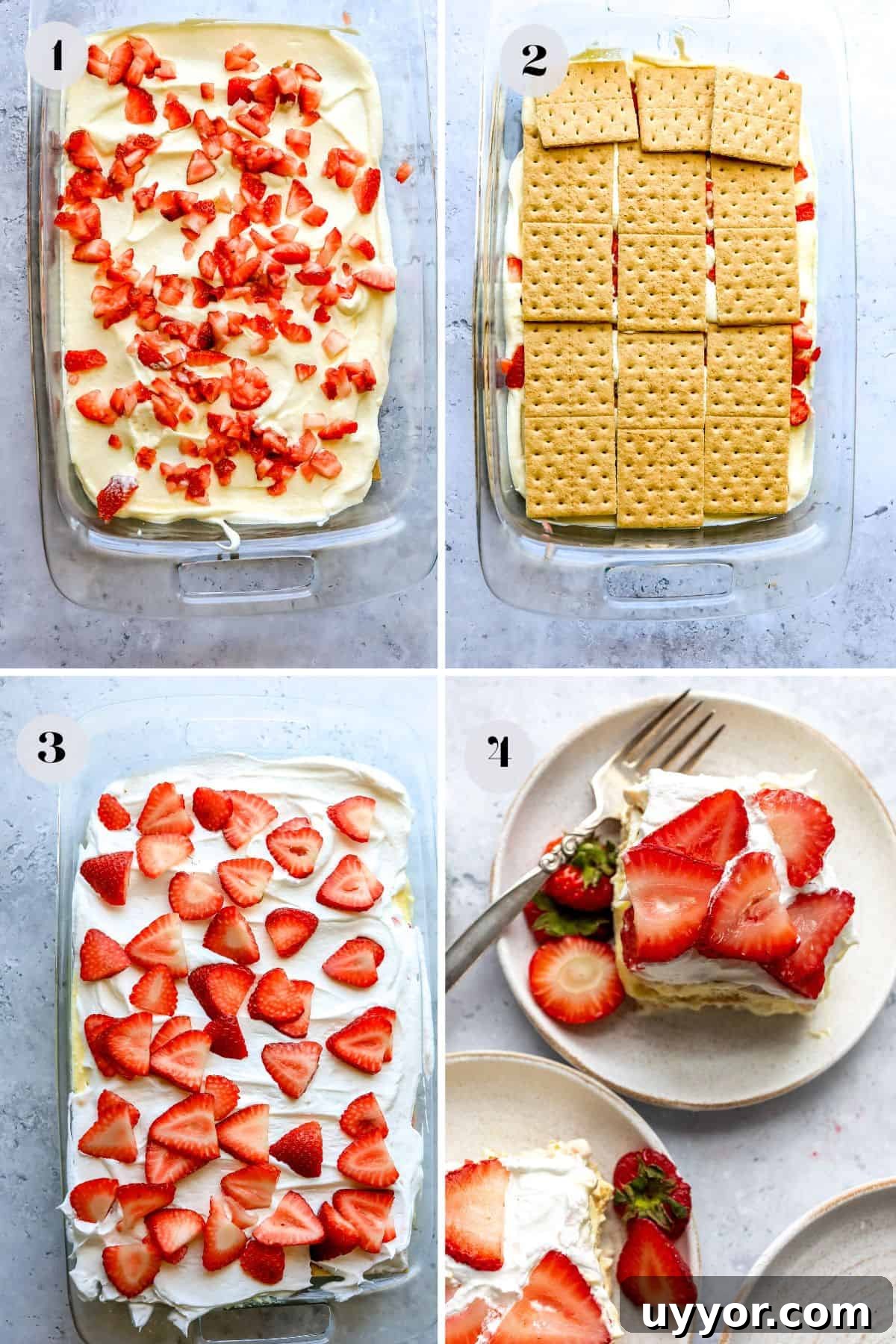 Steps to make this recipe on a grey counter in a glass dish.