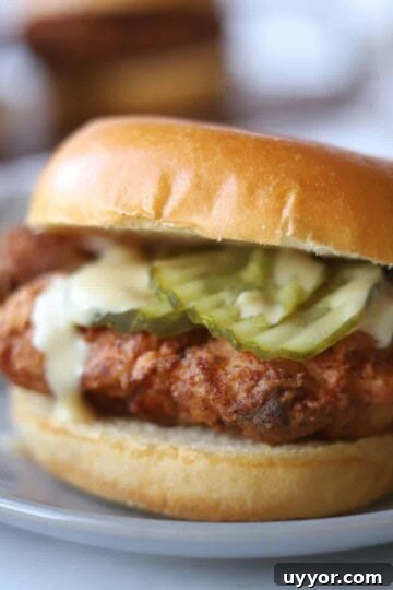 chicken burger on a brioche with pickles and honey mustard