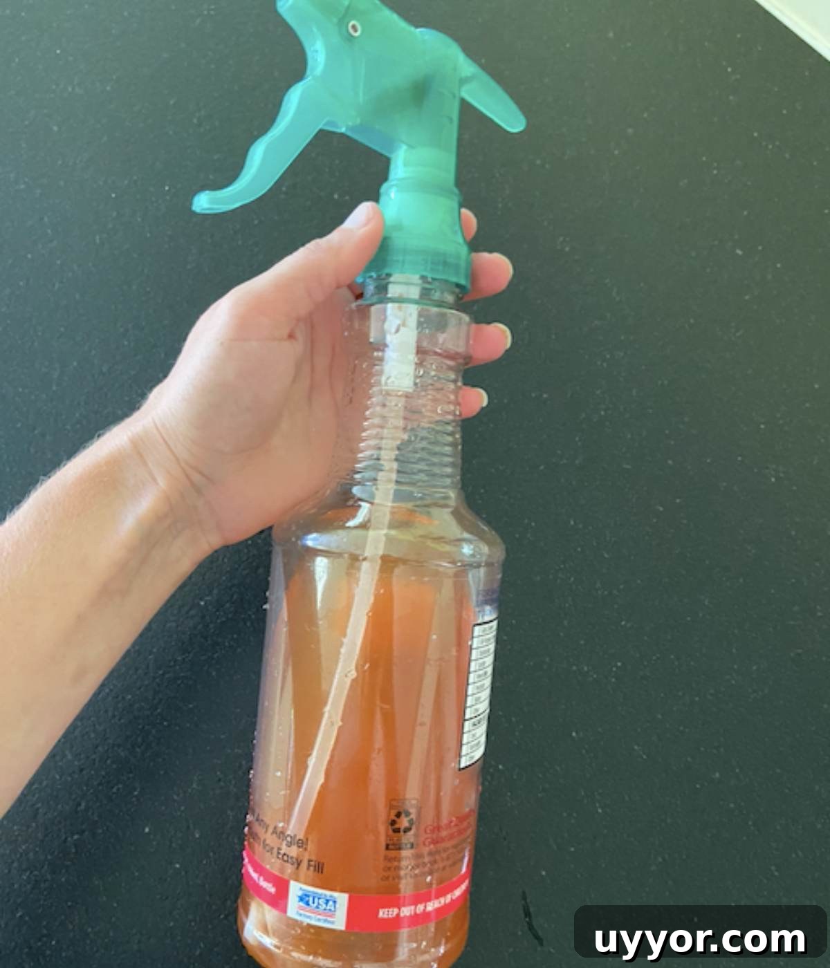 How to Smoke a Pork Butt for Tender, Flavorful Pulled Pork 7 Hand holding spray bottle of spritz for pork.