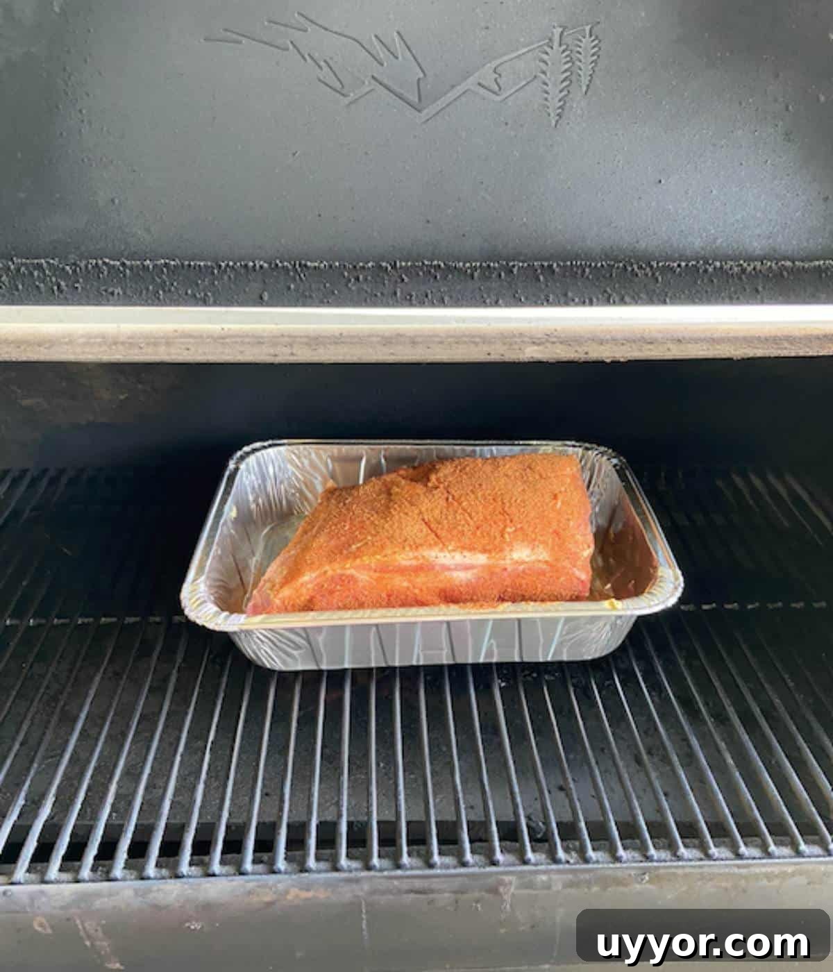 How to Smoke a Pork Butt for Tender, Flavorful Pulled Pork 8 Pork butt in pan in Traeger smoker.