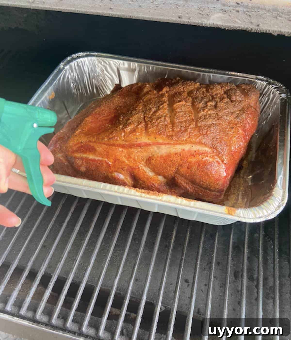 How to Smoke a Pork Butt for Tender, Flavorful Pulled Pork 9 Spraying pork with spritz.