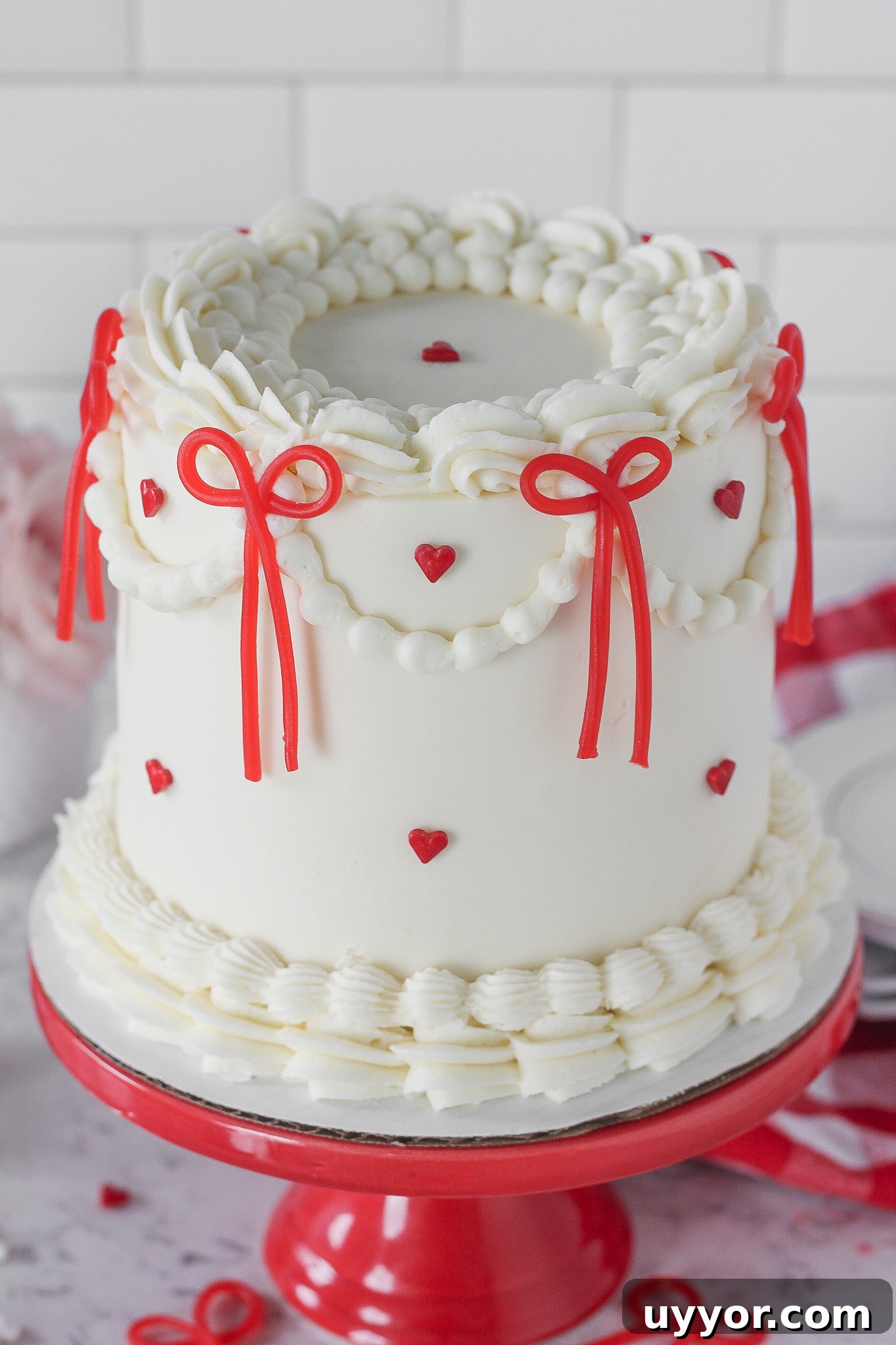 Candy bow attached to cake