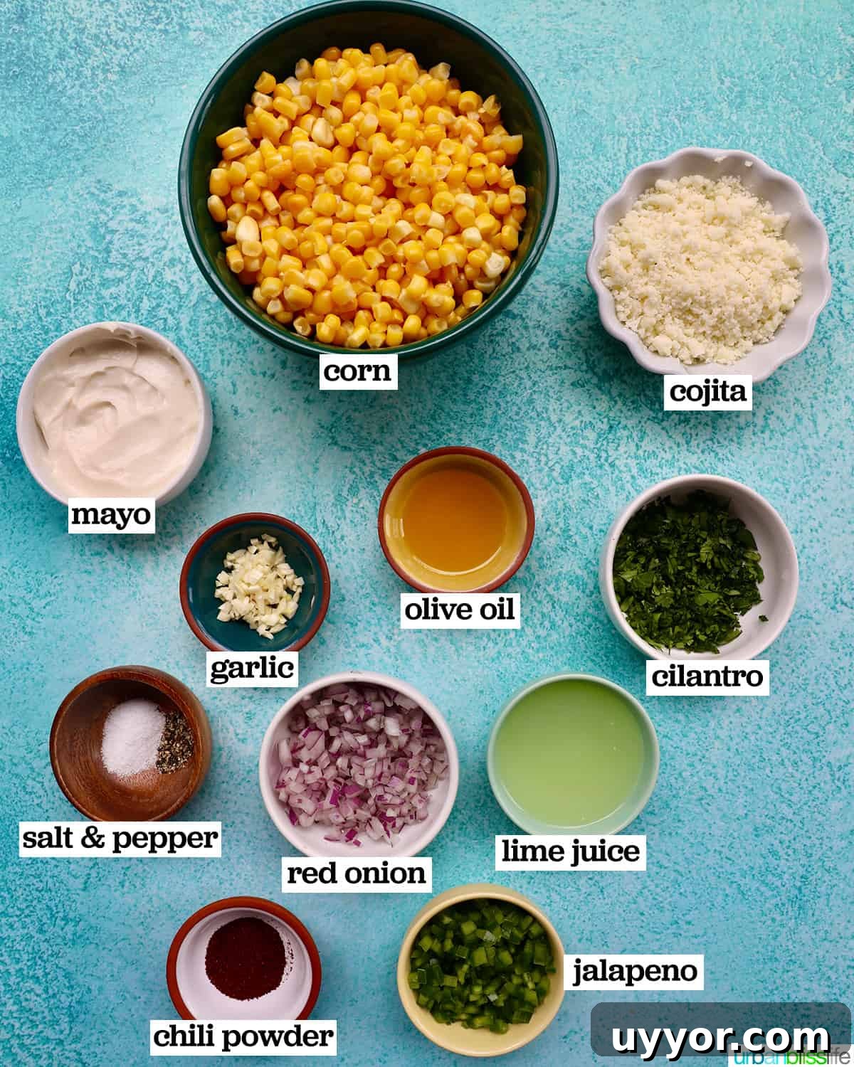 Creamy Mexican Street Corn Dip (Elote Dip) Recipe 4 bowls of ingredients to make elote dip on a bright blue background.