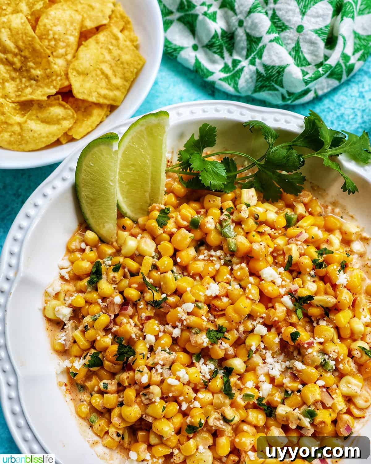 Creamy Mexican Street Corn Dip (Elote Dip) Recipe 8 big bowl of elote dip (Mexican corn dip) with side of lime wedges and cilantro.