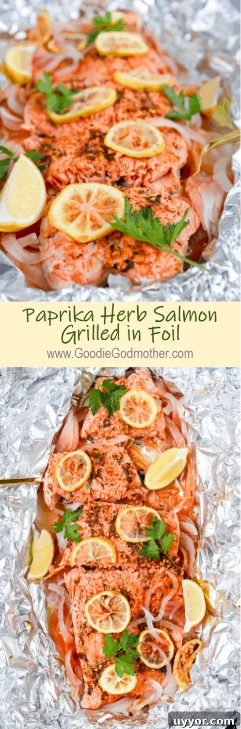 Smoked paprika herb salmon grilled in foil is a flavorful, almost effortless main dish. Season, cook, serve right in the foil. Get this foil grilled salmon recipe on GoodieGodmother.com