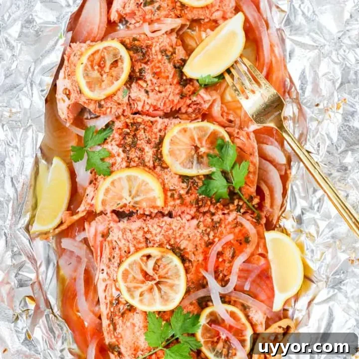 Smoked paprika herb salmon grilled in foil is a flavorful, almost effortless main dish. Season, cook, serve right in the foil. Get this foil grilled salmon recipe on GoodieGodmother.com