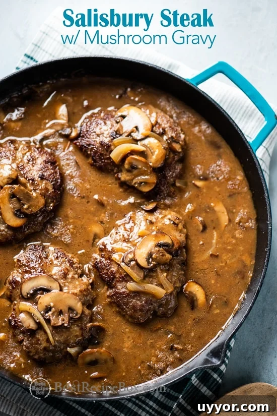 Salisbury Steak Recipe with Mushroom Gravy | @BestRecipeBox Salisbury Steak Recipe with Mushroom Gravy in a cooking pot