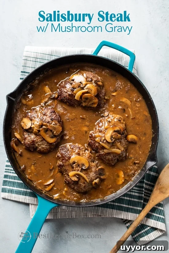 Salisbury Steak Recipe with Mushroom Gravy | @BestRecipeBox Salisbury Steak Recipe with Mushroom Gravy in a cooking pot