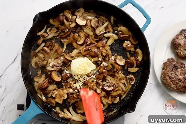 Salisbury Steak with Savory Mushroom and Onion Gravy 6 Butter and garlic added to mushrooms and onions