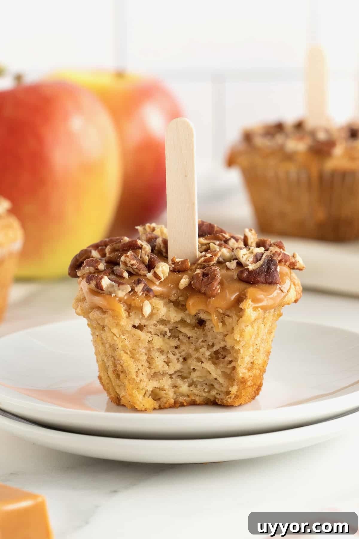 Caramel Apple Cupcake Recipe with Brown Butter Streusel 3 A caramel apple cupcake with caramel and pecan pieces on top and a popsicle stick in the center.