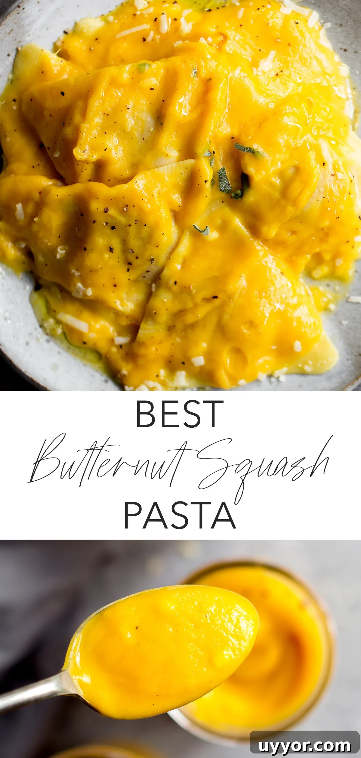 Creamy Butternut Squash Pasta Sauce Recipe for Fall Dinner 7 closeup of butternut squash pasta ravioli and spoon with butternut squash sauce with title text overlay